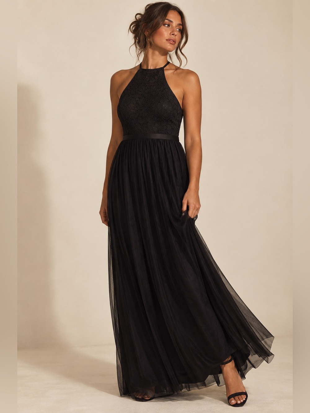 NWT David’s Bridal F19608 Black Lace Open Back Maxi Bridesmaid Dress Sz 14